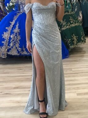 Silver Glitter Off-Shoulder Evening Gown with High Slit